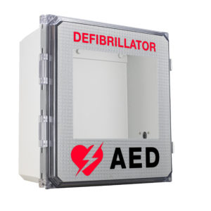 Front view of an outdoor AED cabinet