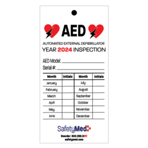 Front side of a 2024 AED inspection tag
