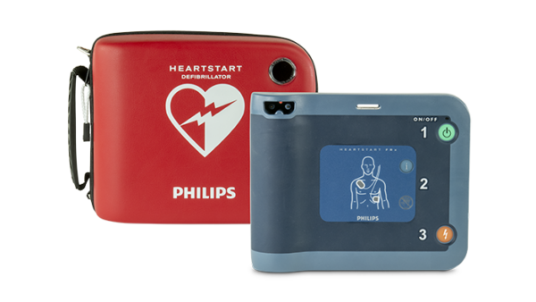Philips FRx AED next to a carry case
