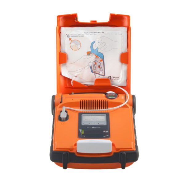 Powerheart G5 AED open and showing pads installation