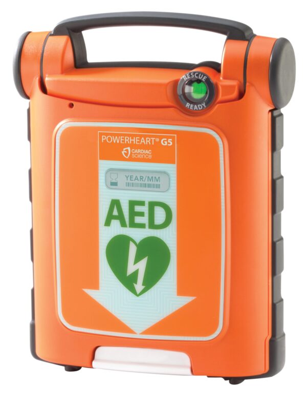 Cardiac Science Powerheart G5 AED viewed from the front left